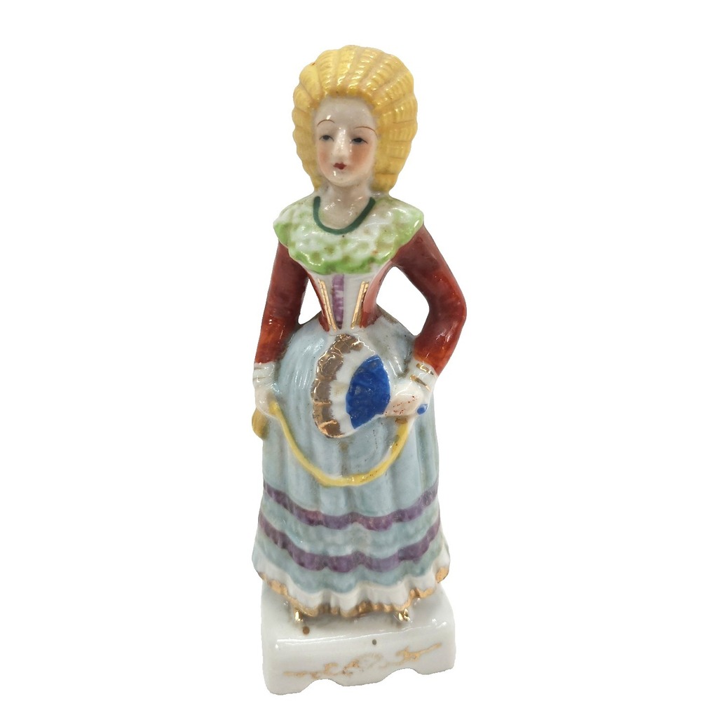 Occupied Japan Figurine Lady with fan Red Top Blue and White Dress 6.25 Inches